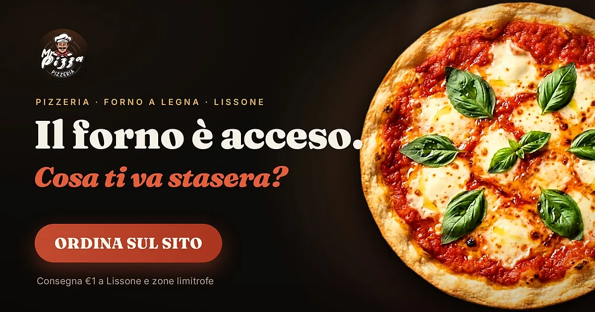 Mr. Pizza Lissone: fondo nero, logo del pizzaiolo baffuto, «Il forno è acceso. Cosa ti va stasera?» e mezza margherita che occupa lo schermo.