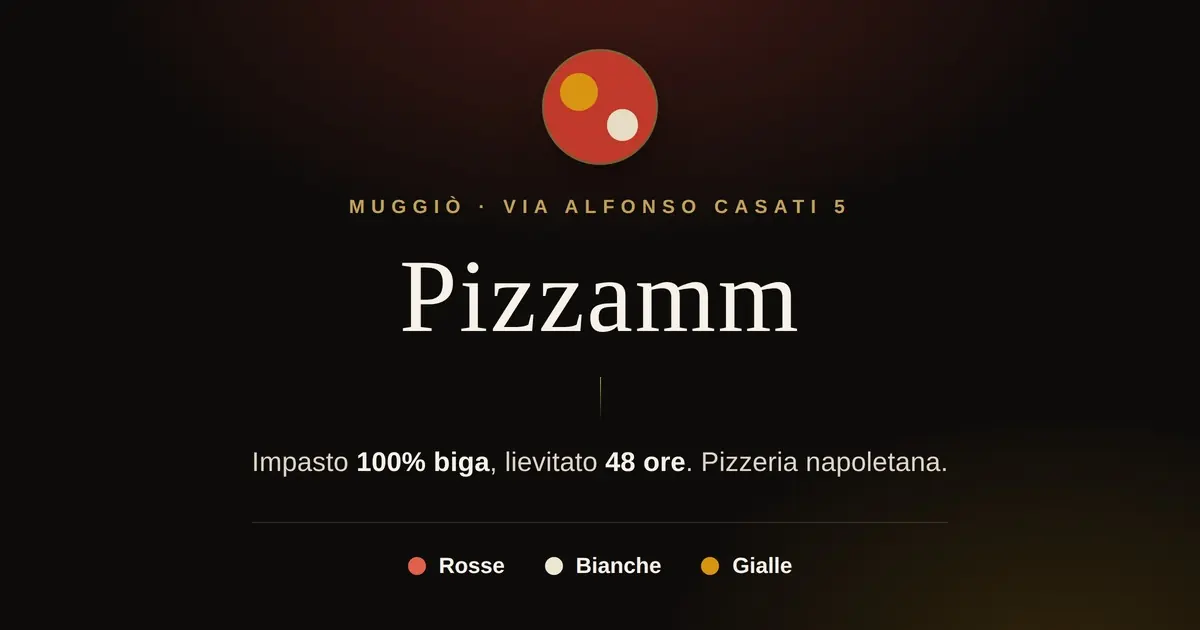 Pizzamm Muggiò: fondo nero, il marchio a spicchi rosso, «Impasto 100% biga, lievitato 48 ore»