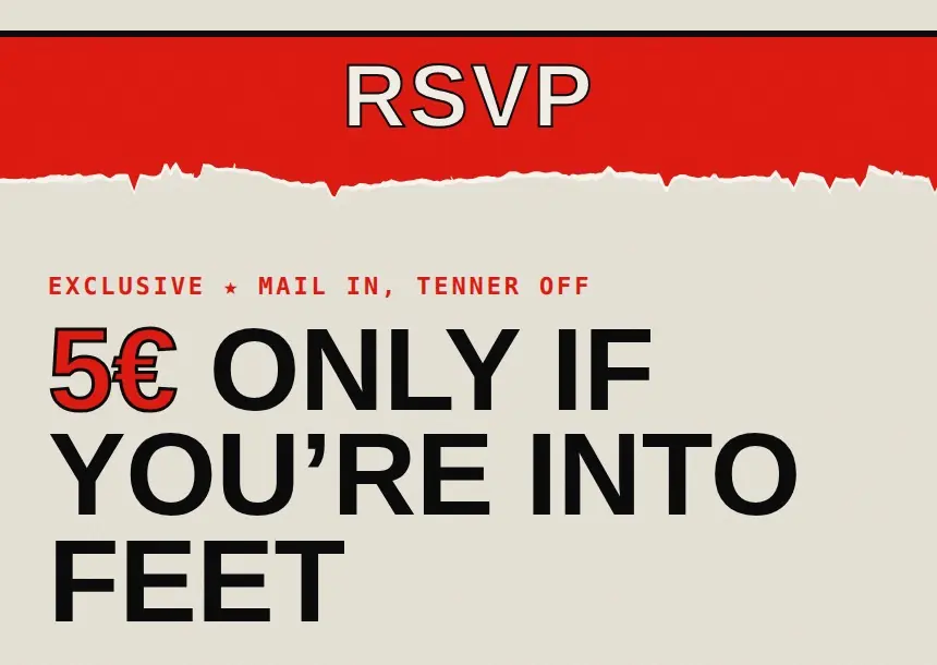 La pagina RSVP di Rotten Thursday: fascia rossa, tipografia da tabloid, bordi strappati. Sì, il copy l'hanno scelto loro.
