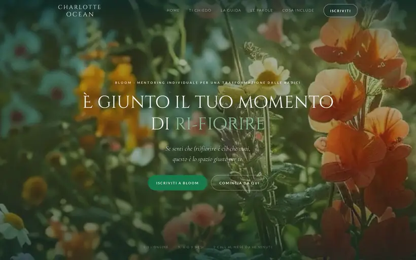 Bloom: verde bosco pieno, nessuna immagine, e il titolo «È giunto il tuo momento di ri-fiorire».
