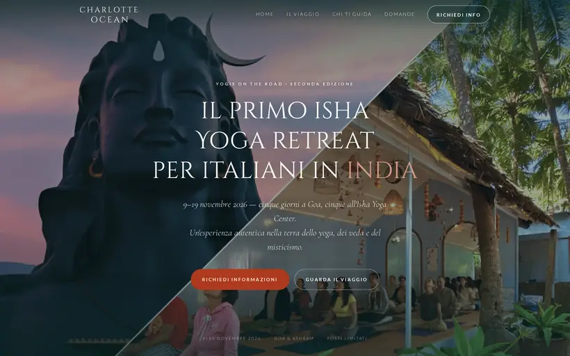 Ritiro a Goa: la statua di Adiyogi accanto a una sala di pratica affacciata sulle palme, con il titolo «Il primo Isha Yoga retreat per italiani in India».
