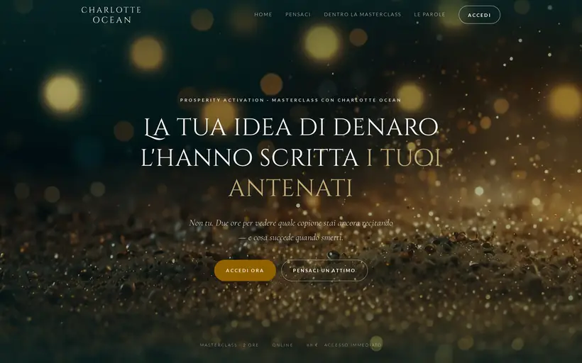 Prosperity Activation: fondo scuro con luci dorate sfocate e il titolo «La tua idea di denaro l'hanno scritta i tuoi antenati».