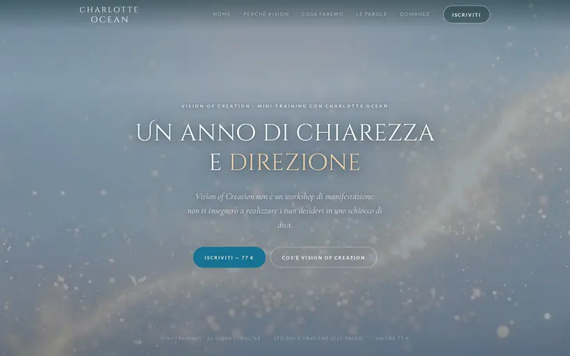 Vision of Creation: azzurro nebbioso con polvere di luce e il titolo «Un anno di chiarezza e direzione».